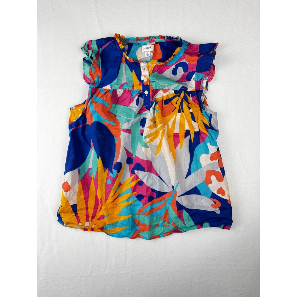 J.Crew Womens Small Tropical Leaf Print Ruffle Flutter Sleeve Cotton Top Multi